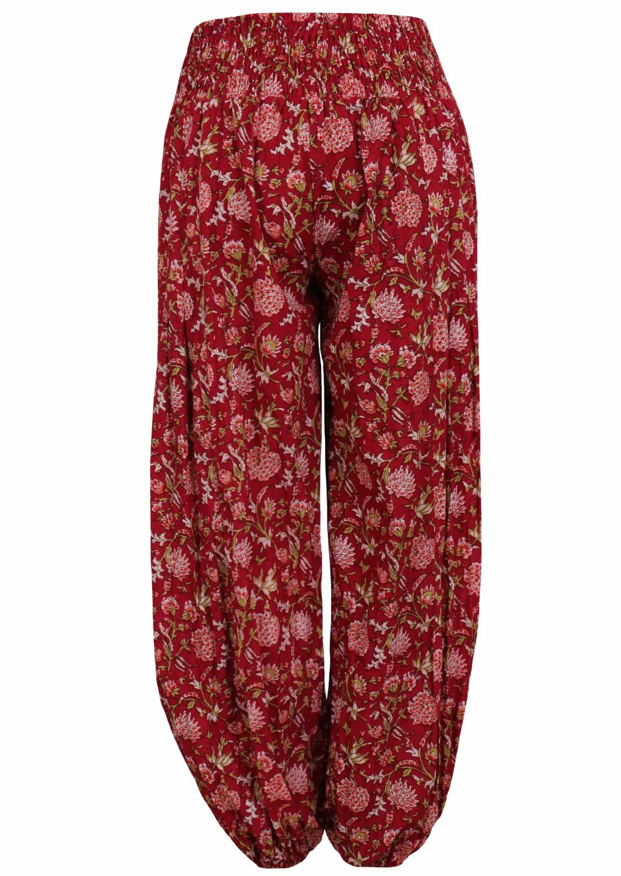 Cotton harem pants with elasticated ankle and elasticated back of waistband, in cranberry based floral print