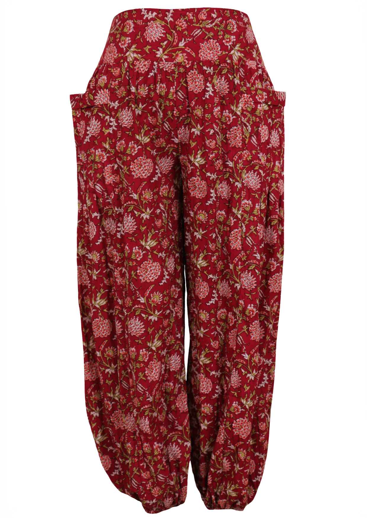 Cotton harem pants with elasticated ankle and deep pockets in cranberry based floral print