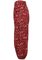 Cotton harem pants with elasticated ankle, elastic at back of waistband and deep pockets in cranberry based floral print