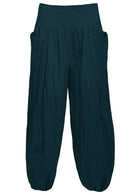 Deep teal loose fit 100% cotton pants with wide flat front waistband and pockets