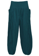 Deep teal loose fit 100% cotton pants with wide flat front waistband and pockets