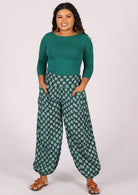 100% cotton harem pants with dark green base