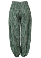 Sage green based floral print harem cotton pants with buttoned ankles.