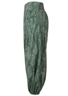 Sage green based floral print cotton harem pants with elasticated back waistband.