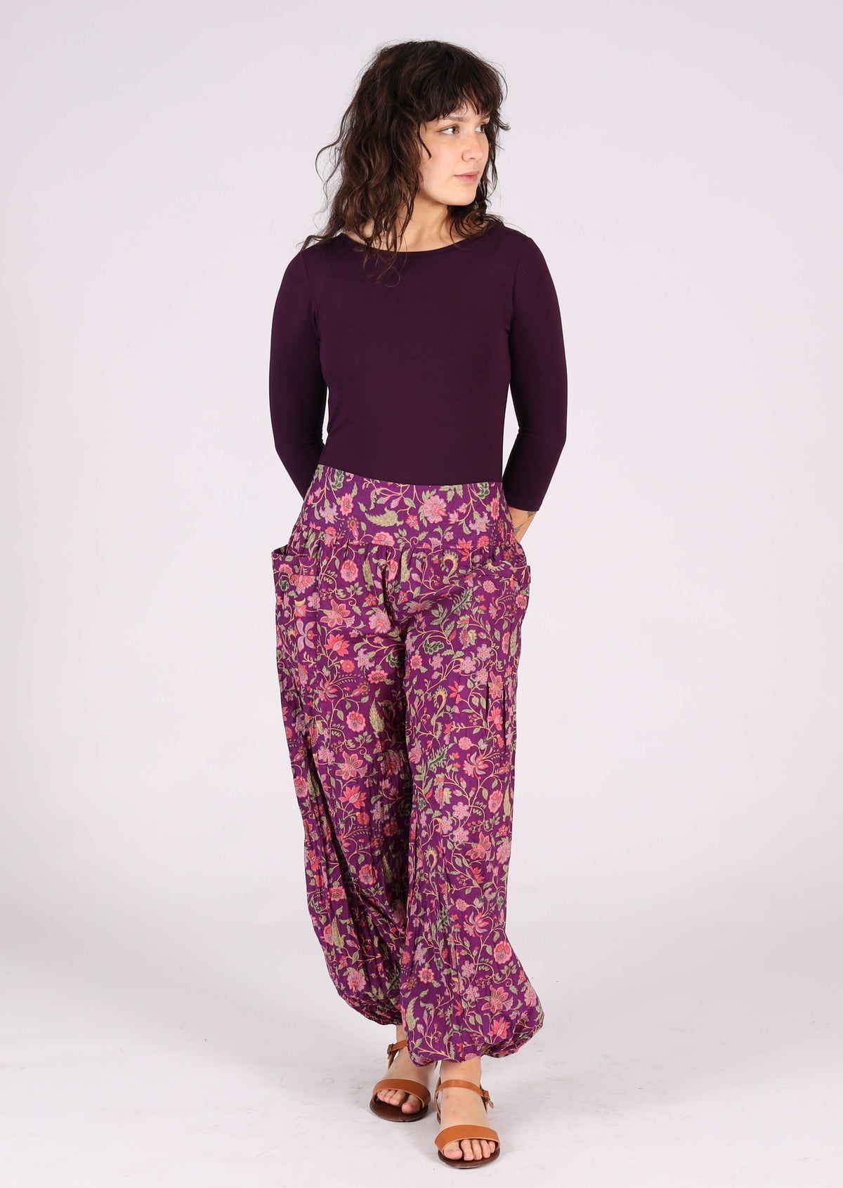 Lightweight cotton floral pants with elastic ankles and at back of waistband