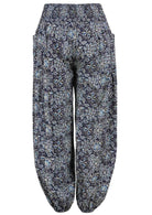 Navy blue based floral print harem cotton pants with buttoned ankles.