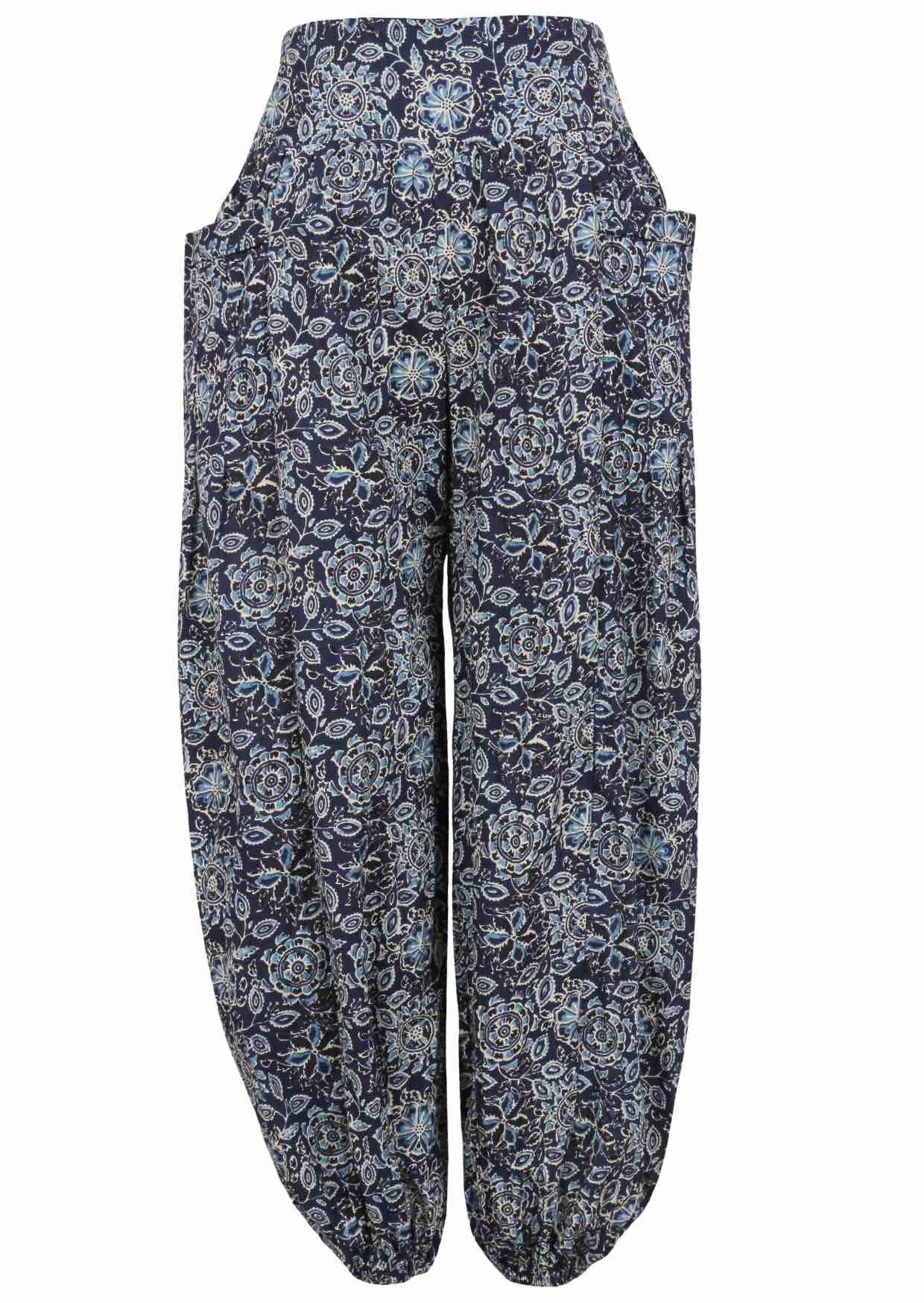 Navy blue based floral print cotton harem pants with buttoned ankles with pockets.