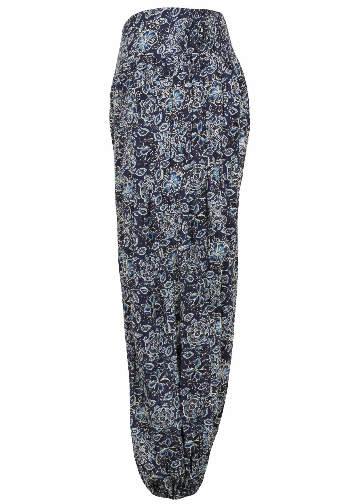 Navy blue based floral print cotton harem pants with elasticated back waistband.