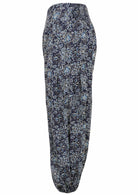 Navy blue based floral print cotton harem pants with elasticated back waistband.