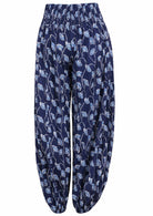 Navy blue based floral print harem cotton pants with buttoned ankles.