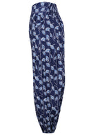 Navy blue based floral print cotton harem pants with elasticated back waistband.
