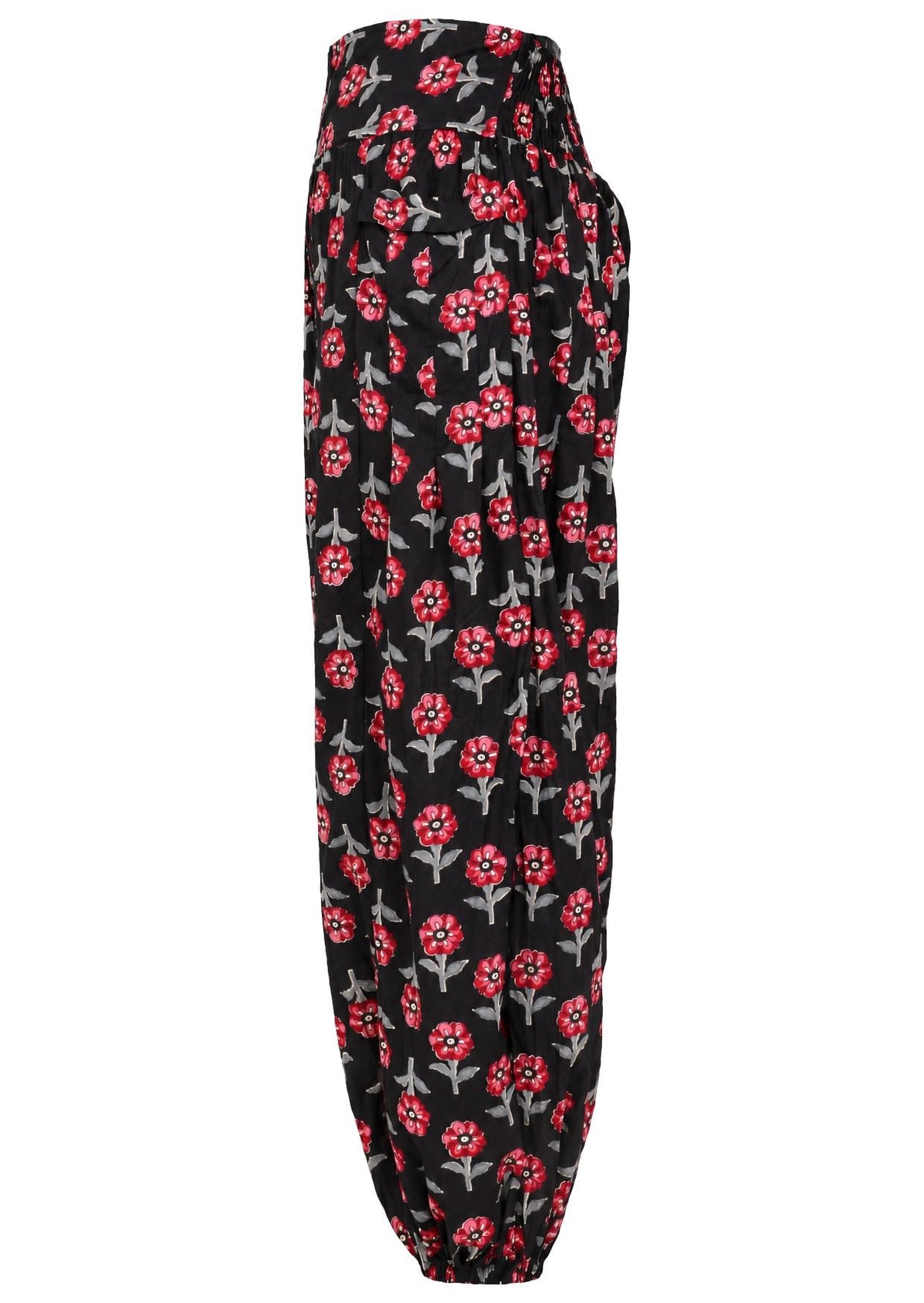 Black based floral print cotton harem pants with elasticated back waistband.