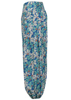 Royal blue based floral print cotton harem pants with elasticated back waistband.