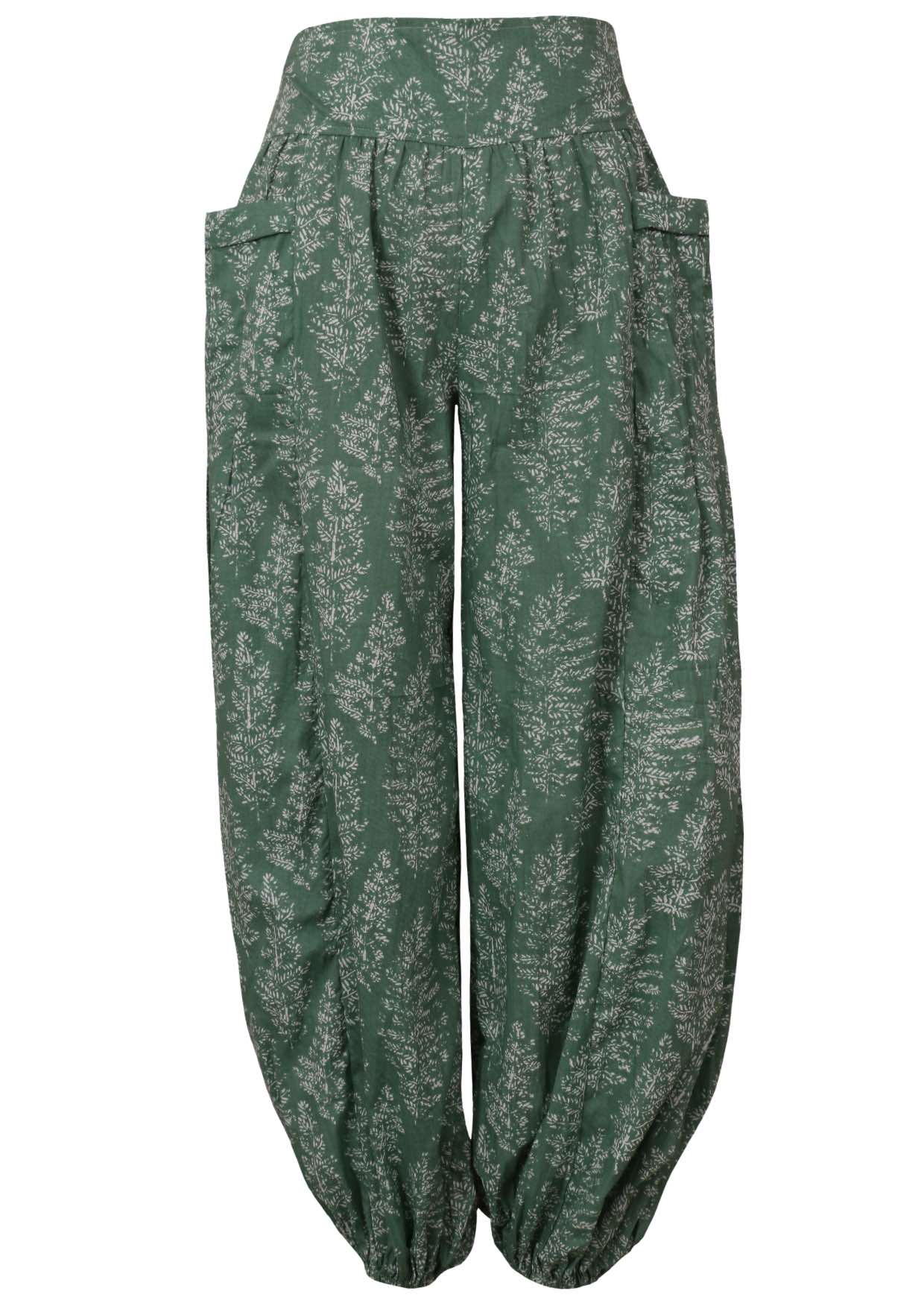 Sage green based floral print cotton harem pants with buttoned ankles with pockets.