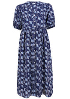 100% Cotton navy blue floral, button through dress with elbow length sleeves and pockets.