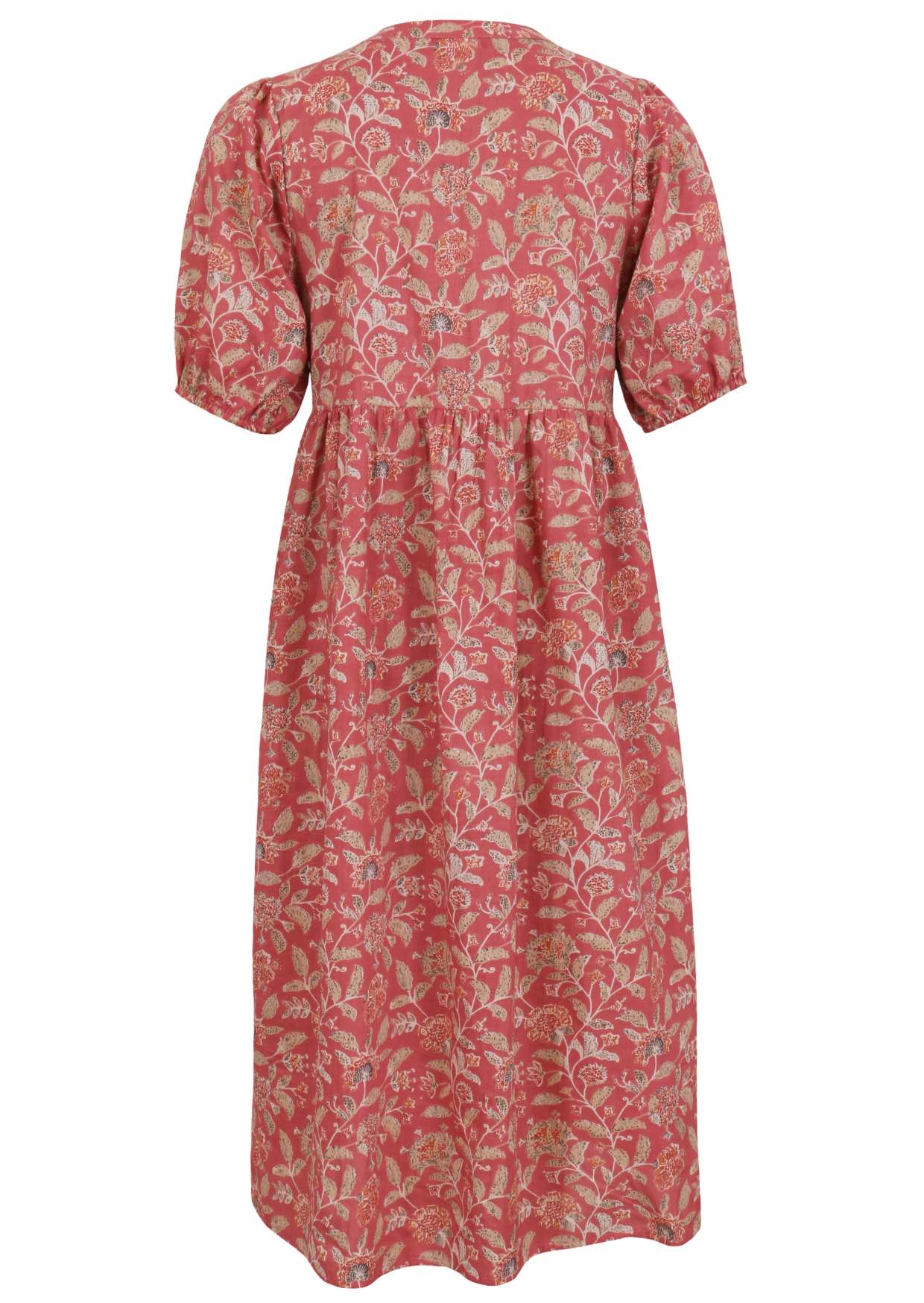 Back view of dusky pink floral print cotton midi length button through dress with voluminous sleeves with elastic in the cuff