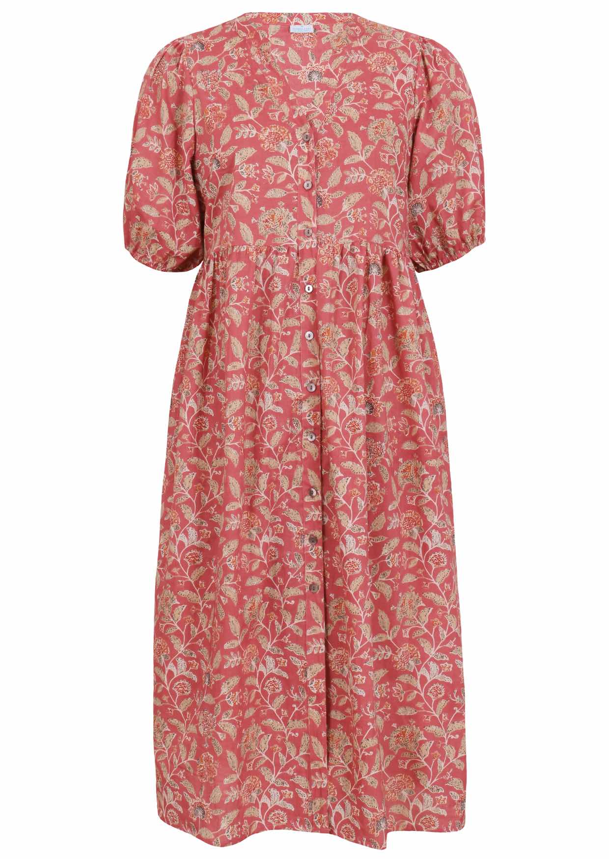 Dusky pink floral print cotton midi length button through dress with voluminous sleeves and V-neckline