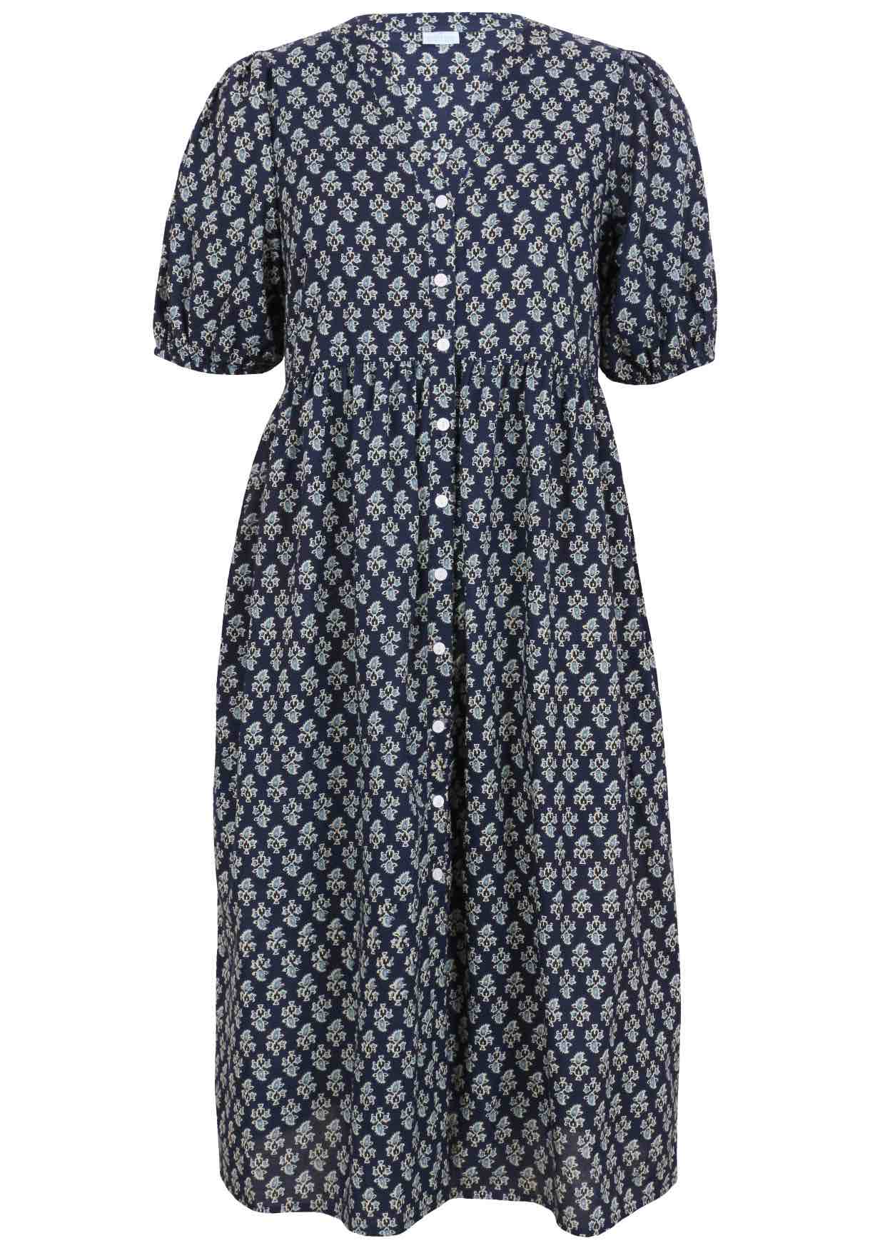 100% Cotton navy blue floral, button through dress with elbow length sleeves and pockets.
