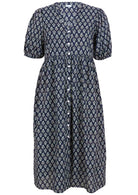 100% Cotton navy blue floral, button through dress with elbow length sleeves and pockets.