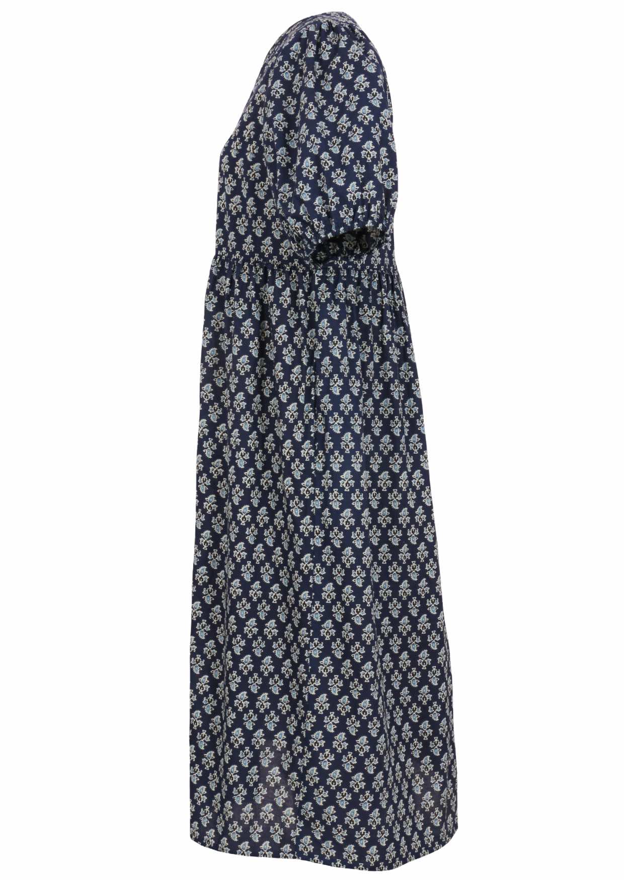 Side view of navy blue floral motif printed cotton midi length button through dress  with hidden side pockets.