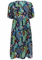 100% Cotton navy blue floral, button through dress with elbow length sleeves and pockets.