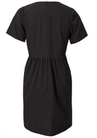 Back view of loose fitting black cotton dress with short sleeves, back split and button clasp at the back neckline