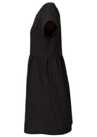 100% cotton plain black above knee length dress with short sleeves, pockets and small pin tucks at the waist