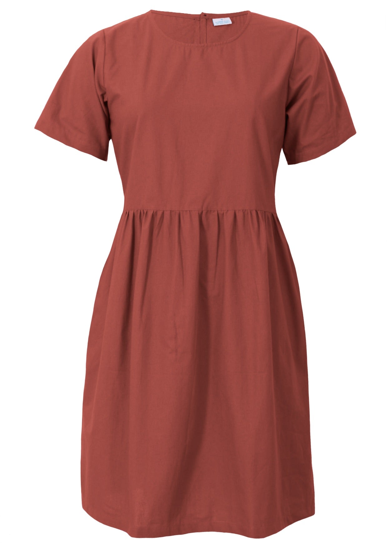 Loose fit 100% cotton above knee length rust coloured dress with short sleeves, pockets and high round neckline 