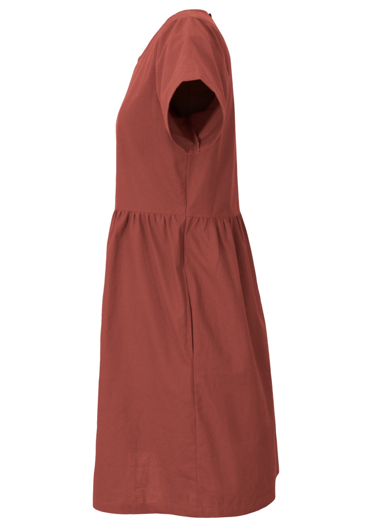 Side view of burnt henna above knee  length cotton dress with short sleeves, pockets and small pin tucks at the waist