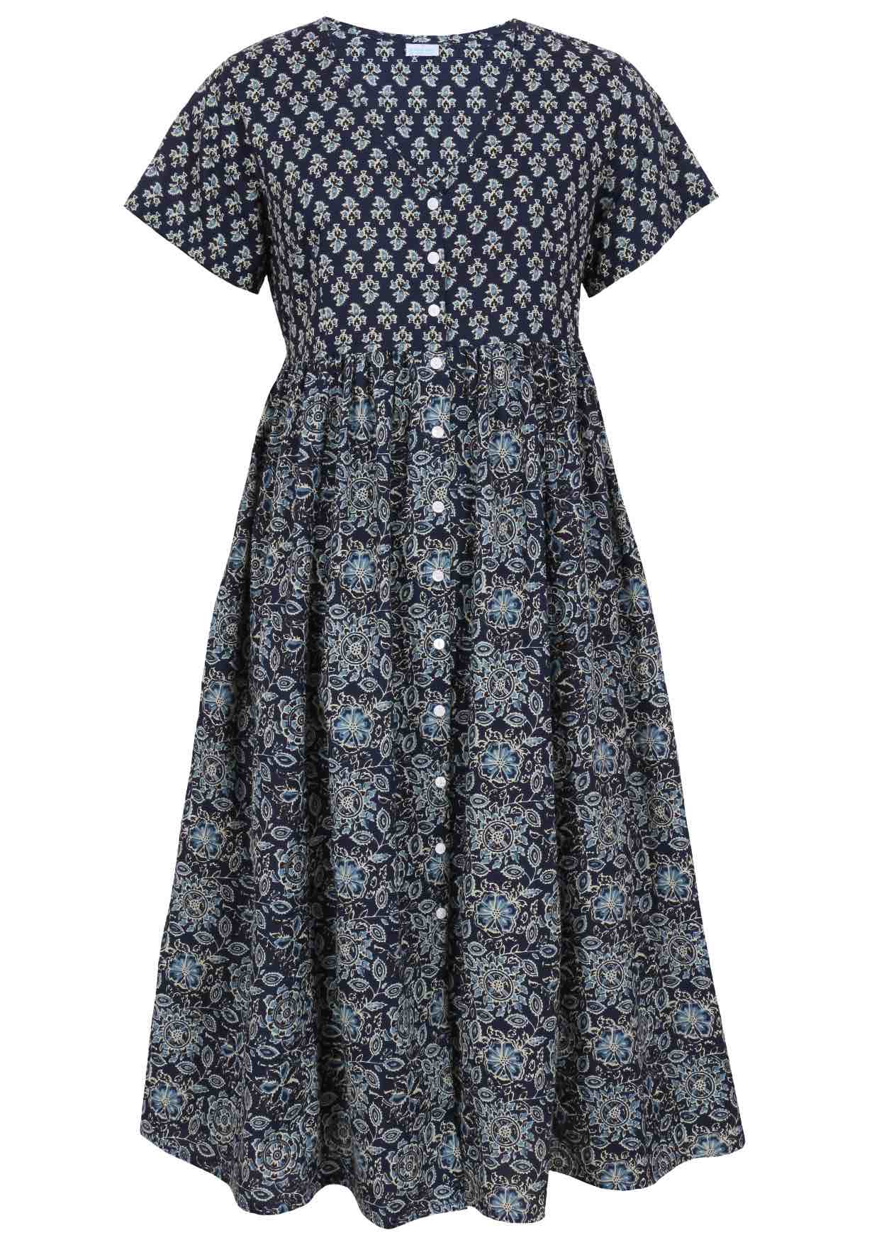 Front view of navy blue based floral print V-neck cotton dress.