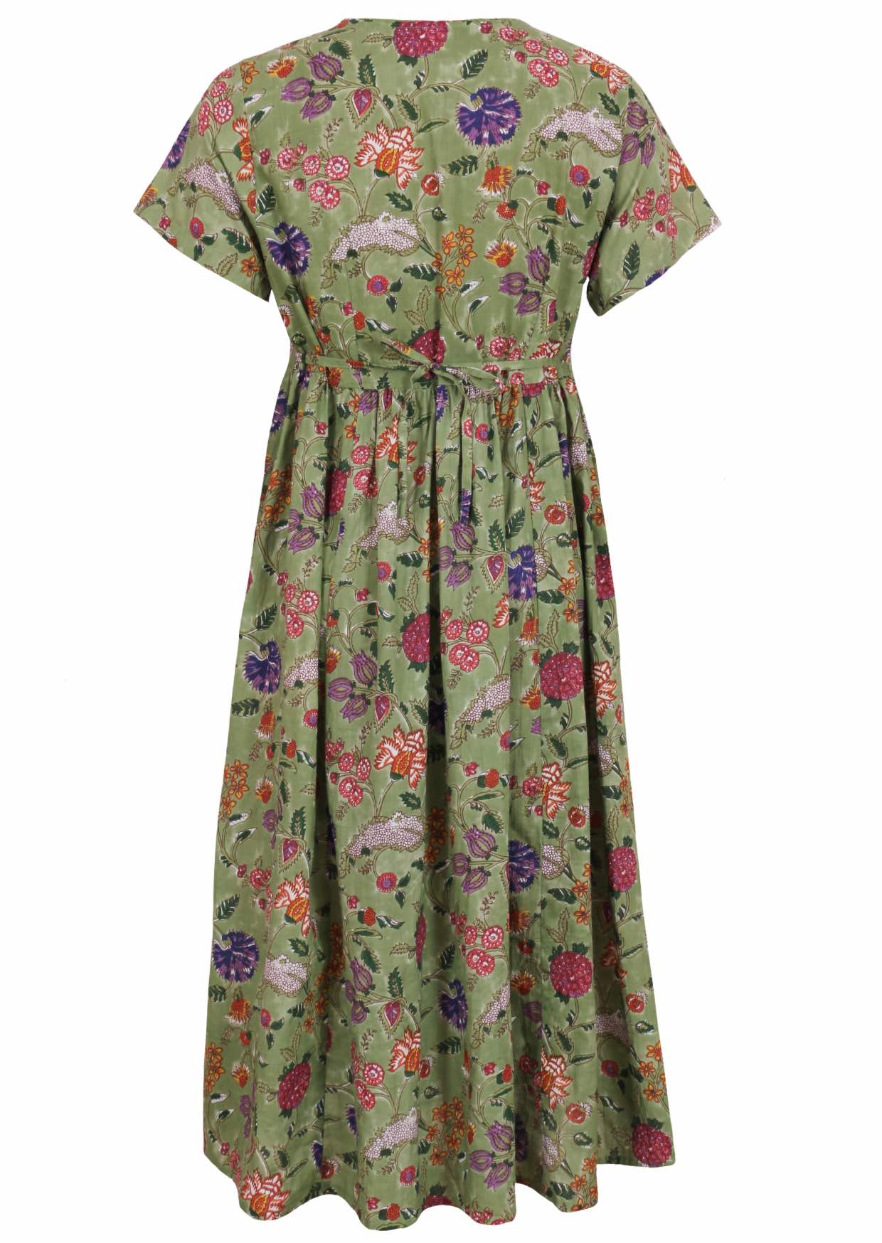 Green based multi-coloured folk style florals print cotton dress on a white background.