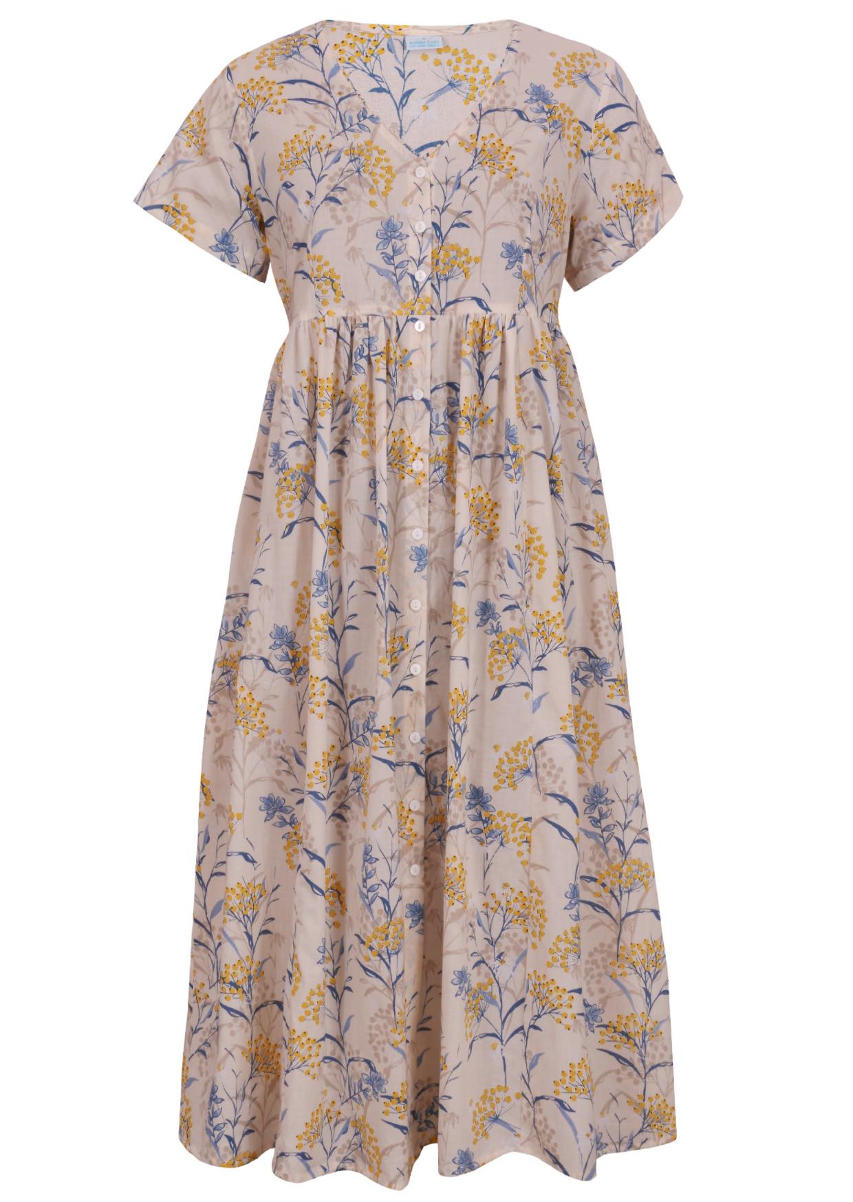 Neutral based blue and golden floral print V-neck cotton dress.