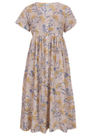 Neutral based blue and golden floral print V-neck cotton dress.