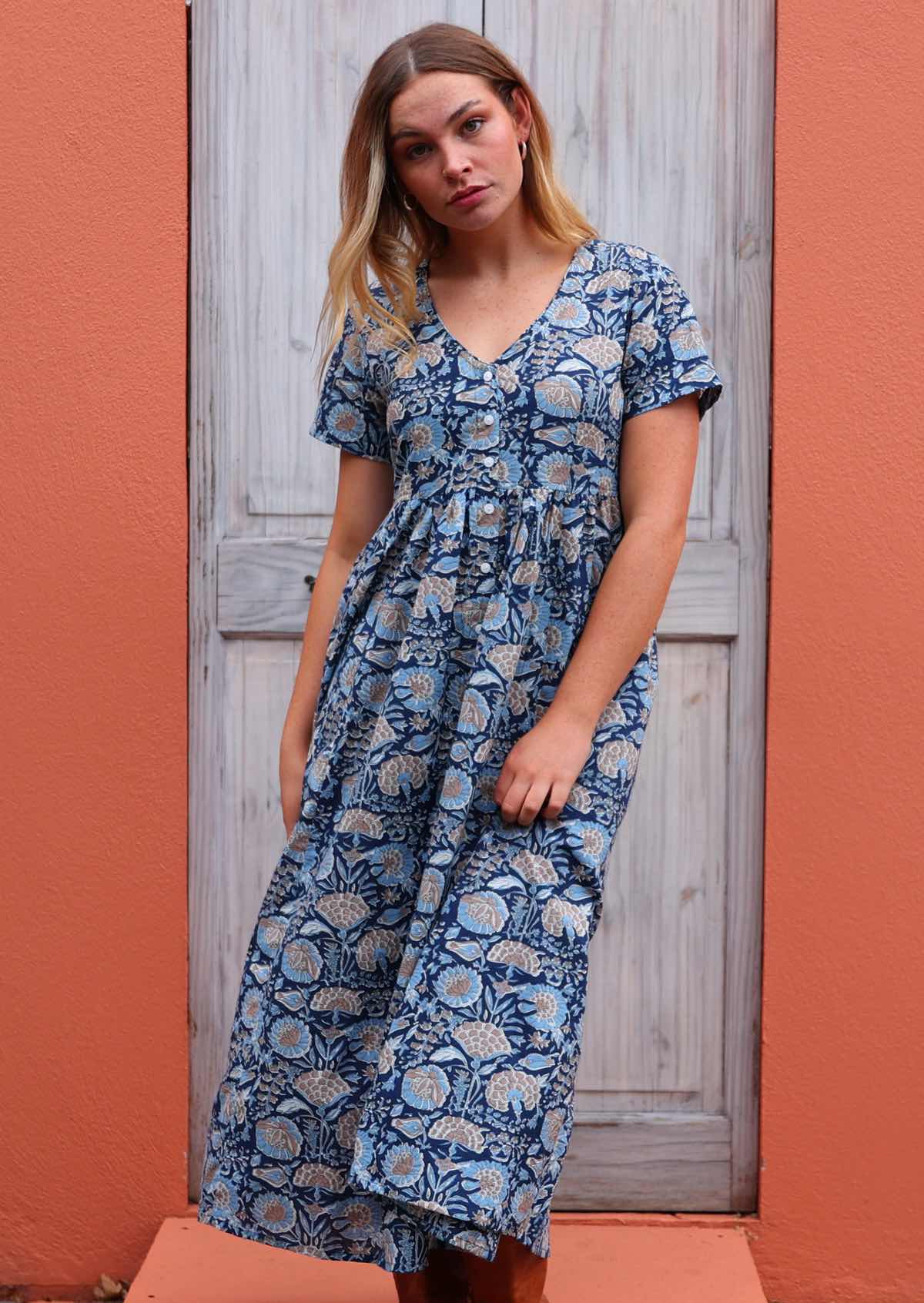 Button Through Relaxed Fit Blue Floral Dress Karma East Australia