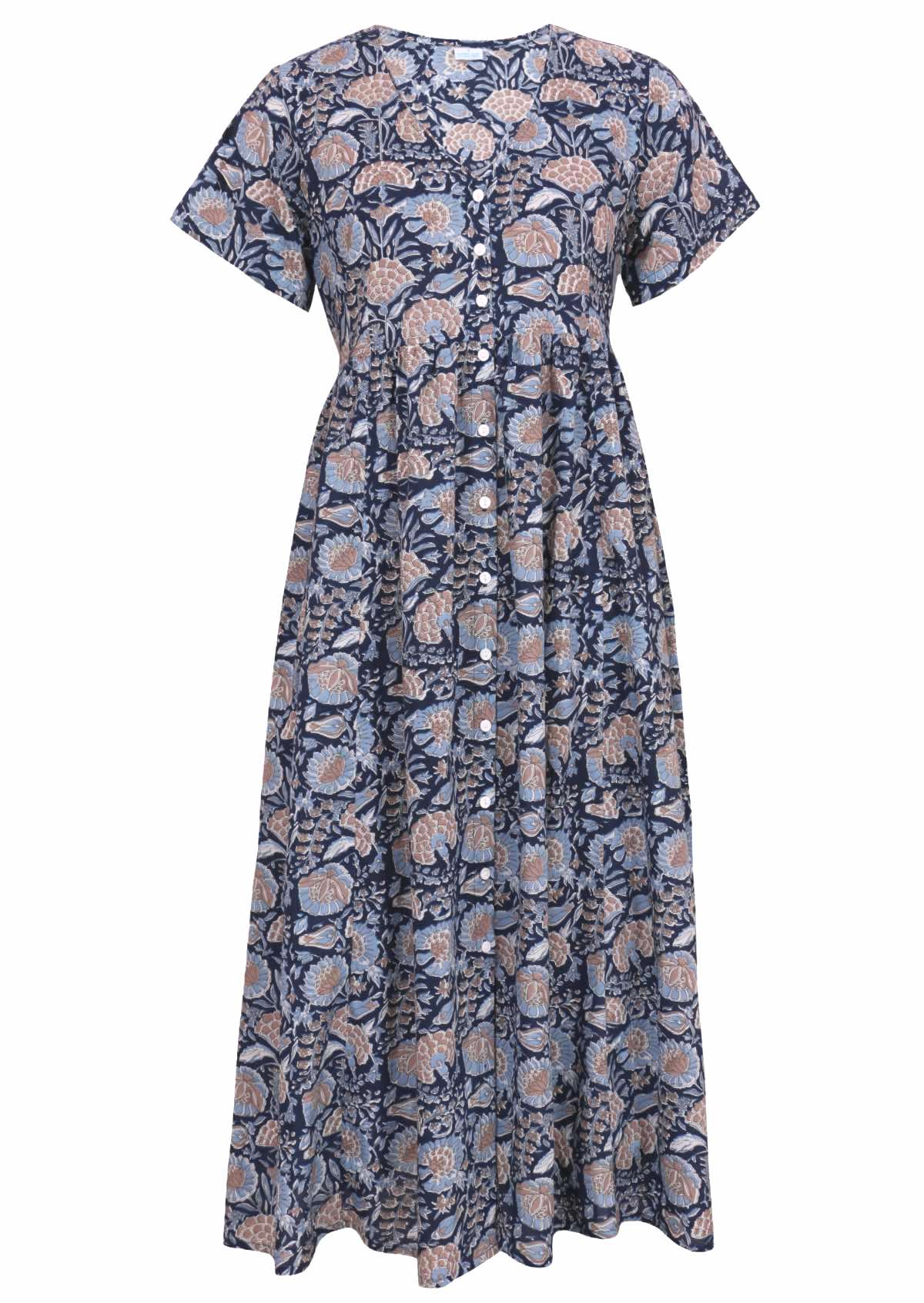 Cotton dress in Dahlia print, pale blue and taupe flowers with white highlights, on a dark blue base