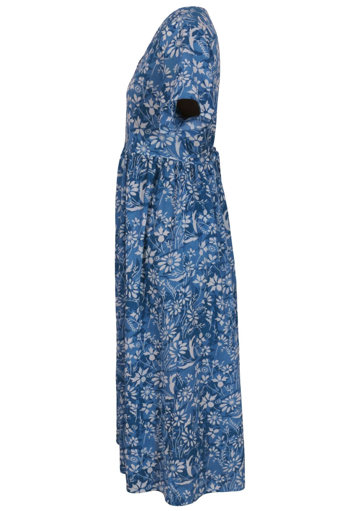 blue cotton floral v neck maxi dress side view