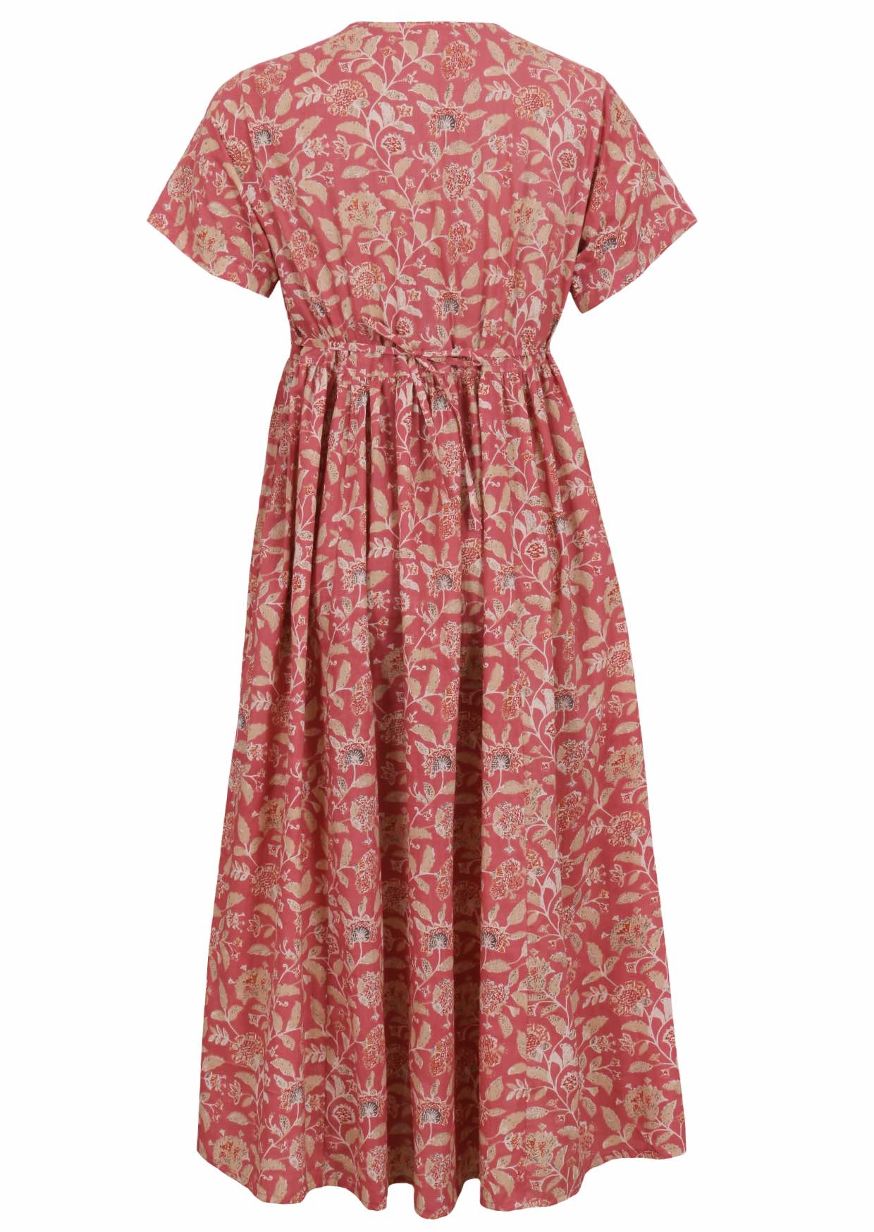 Back view of warm rose pink based vintage style floral print V-neck cotton dress with pockets.