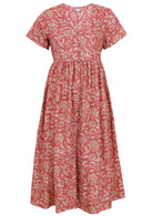 Warm rose pink based vintage style floral print V-neck cotton dress.