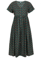Green based motif in red, pink, green, and mustard floral print V-neck cotton dress.