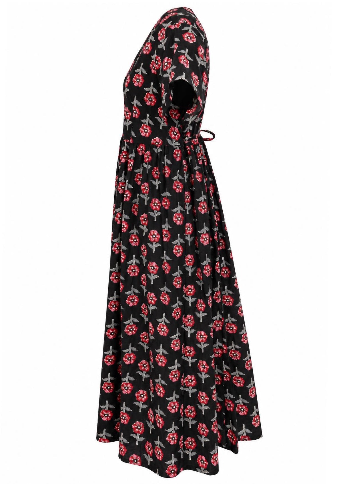 Side view of black based floral print V-neck cotton dress with pockets.