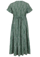 Back view of green based floral print V-neck cotton dress with pockets.