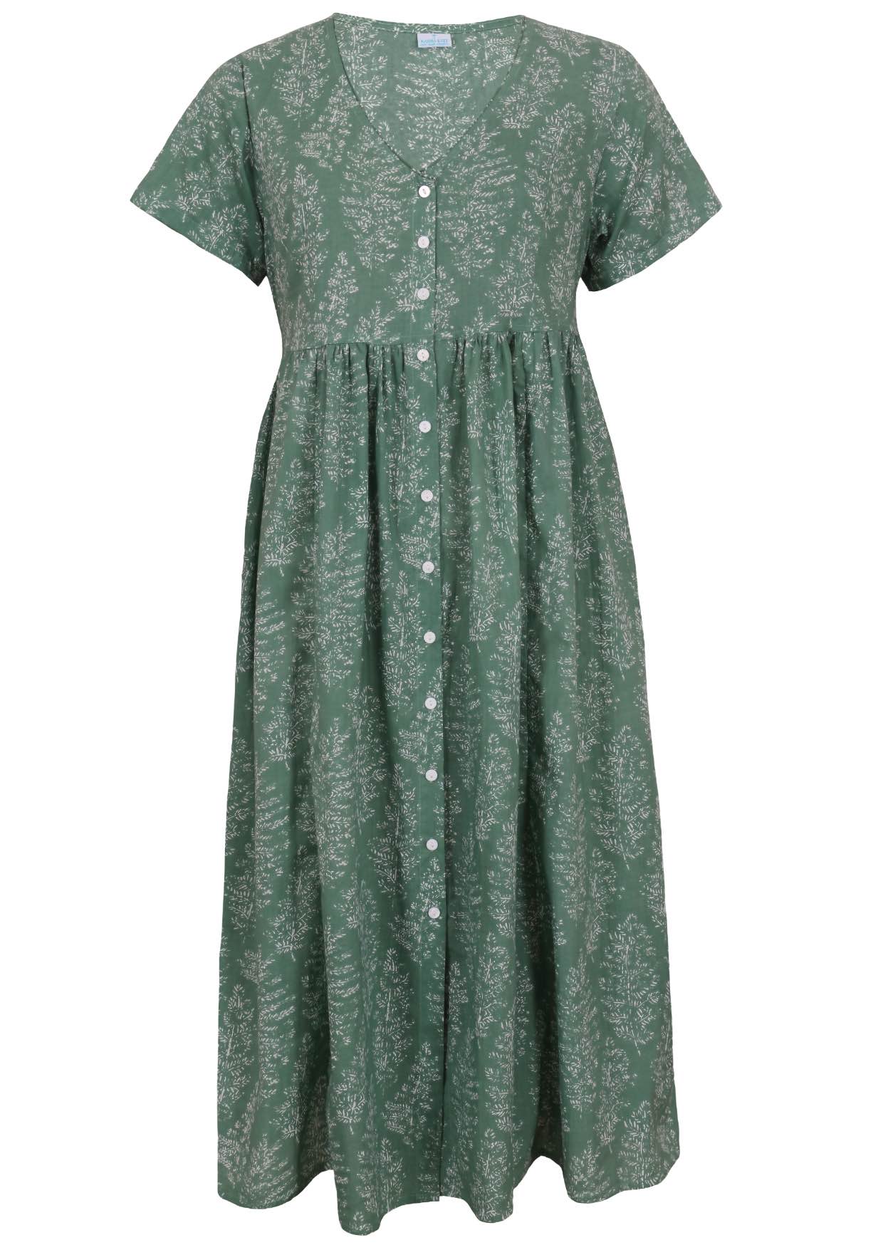 Front view of green based floral print V-neck cotton dress.