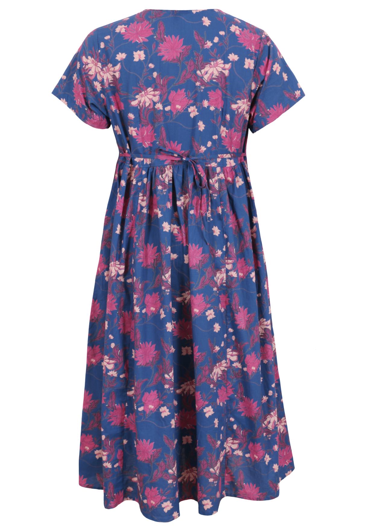 Lightweight, midi length, button-through cotton dress in navy blue with a shoestring waist tie and pockets.