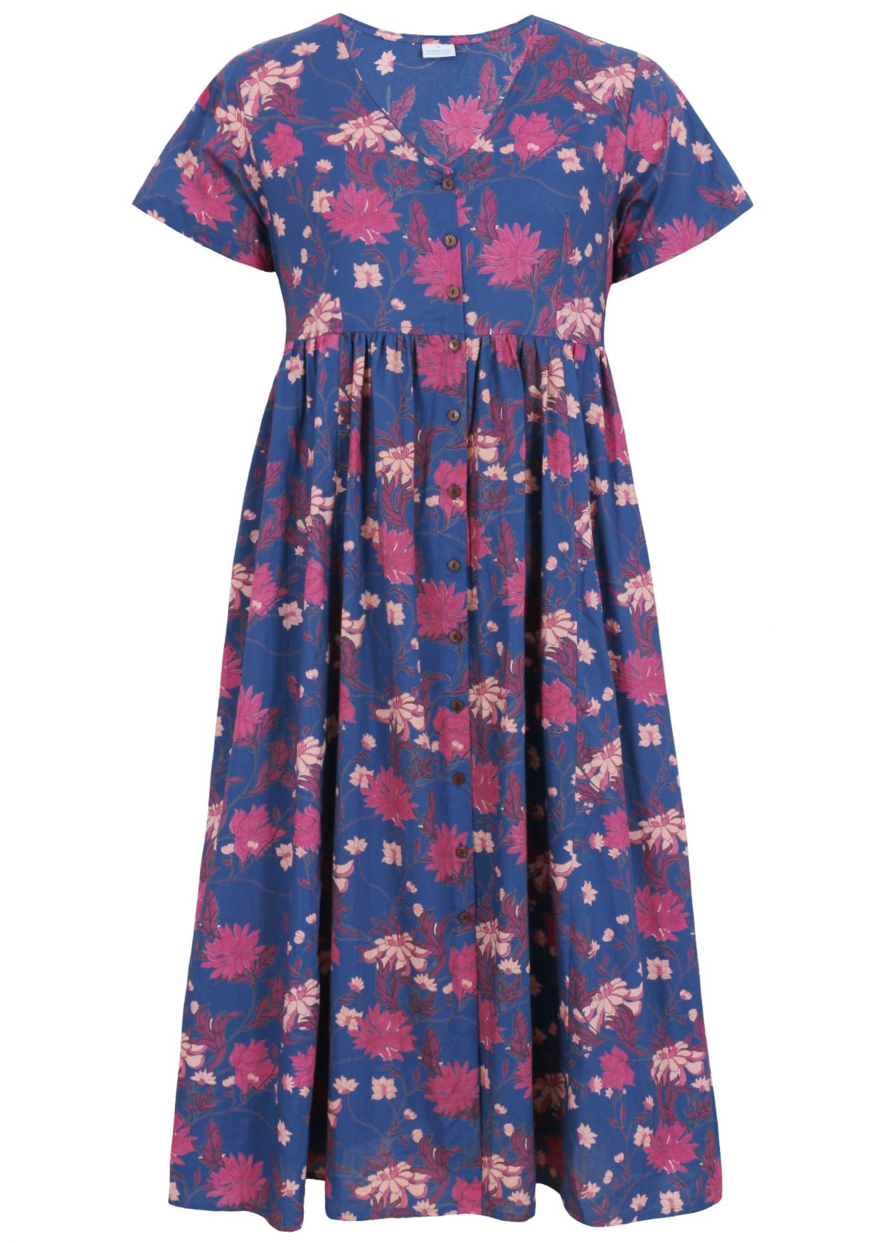 100% cotton relaxed fit midi length dress with button through front, v-neck and short sleeves in blue based floral print
