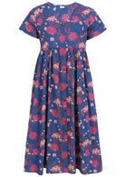 100% cotton relaxed fit midi length dress with button through front, v-neck and short sleeves in blue based floral print