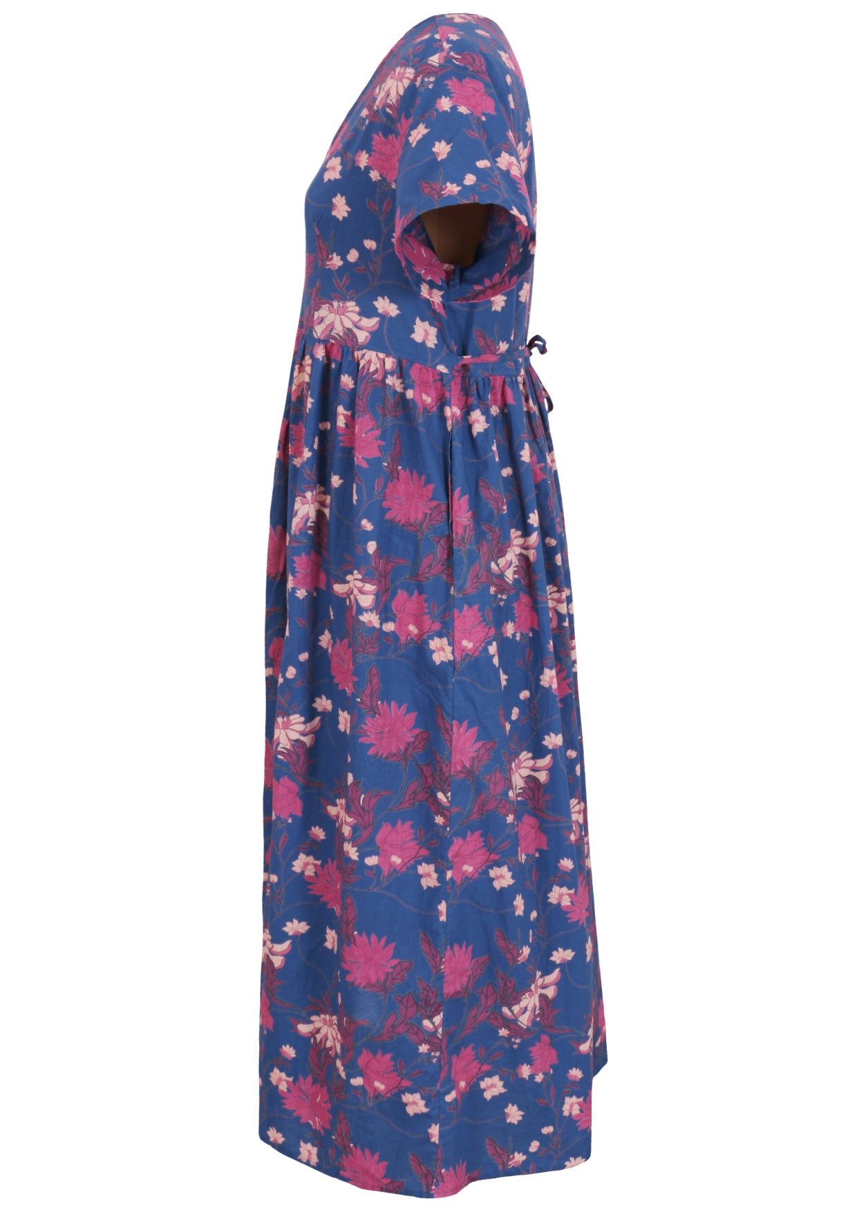 Relaxed fit blue floral cotton dress with short sleeves, button-through front, hidden side pockets, and a shoestring tie at the waist.