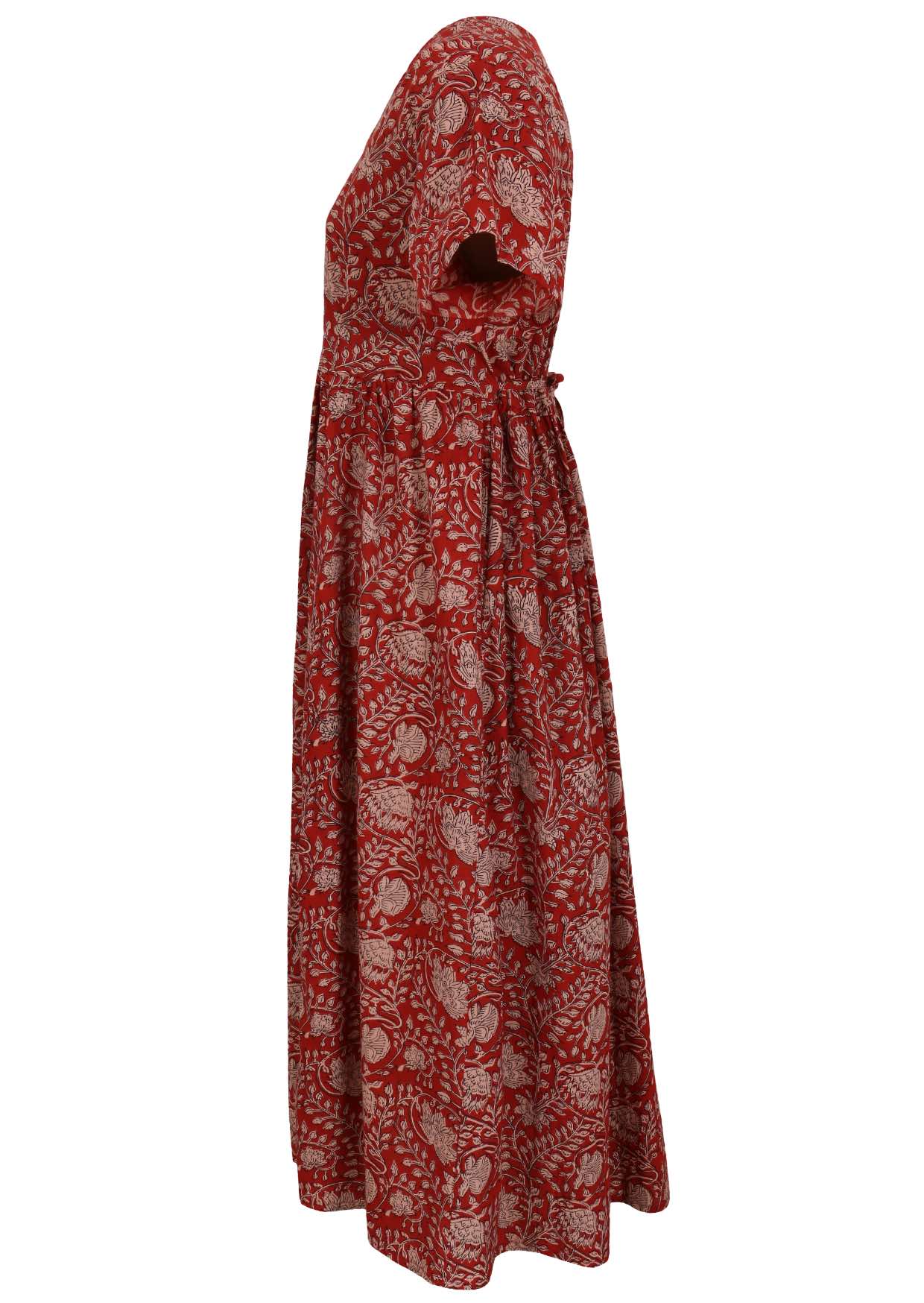 Side view of red based floral print V-neck cotton dress with pockets.