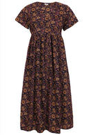 Purple cotton floral button through maxi dress with pockets, waist tie and v neckline.
