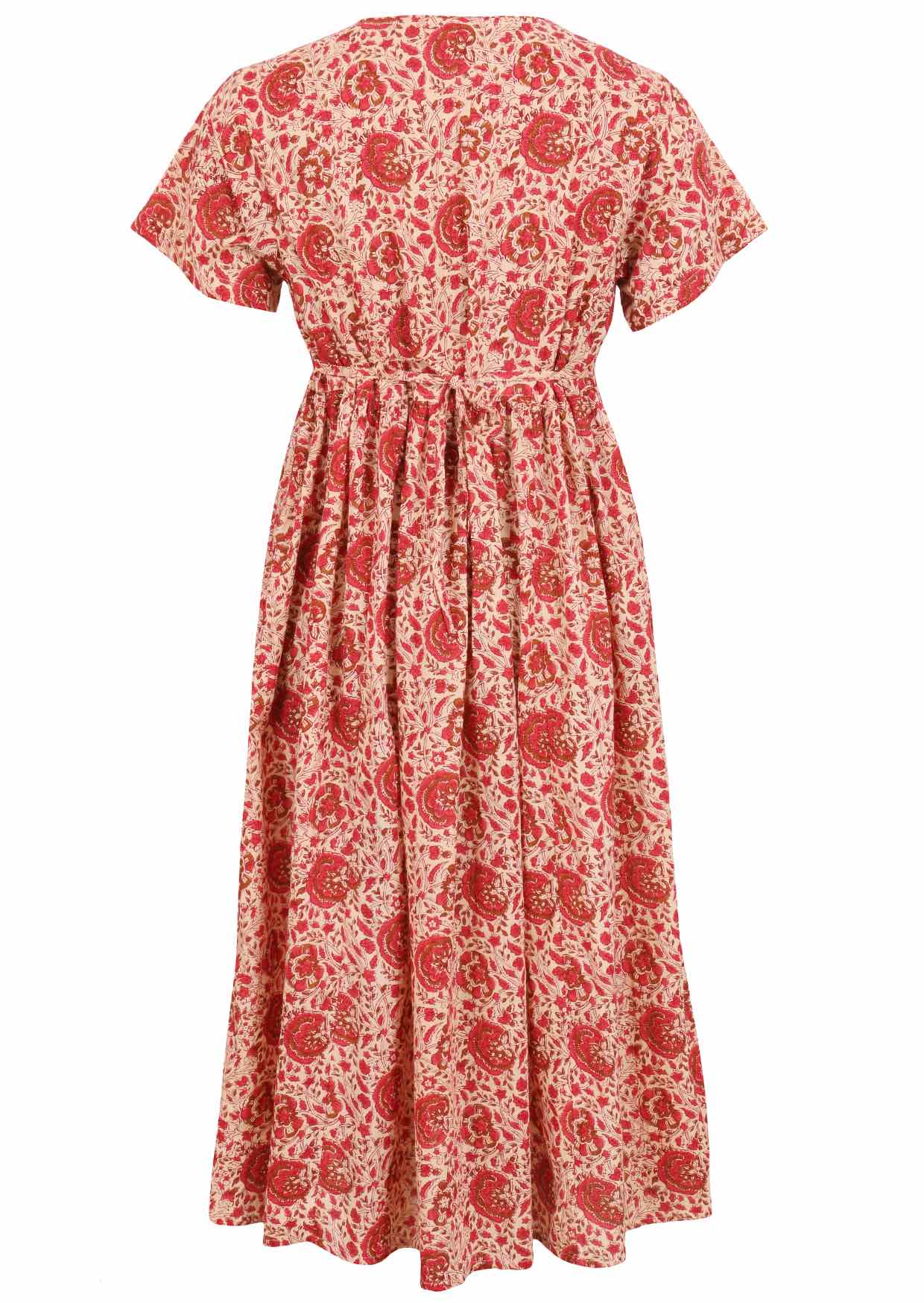 Back view of cream based warm floral print V-neck cotton dress with pockets.