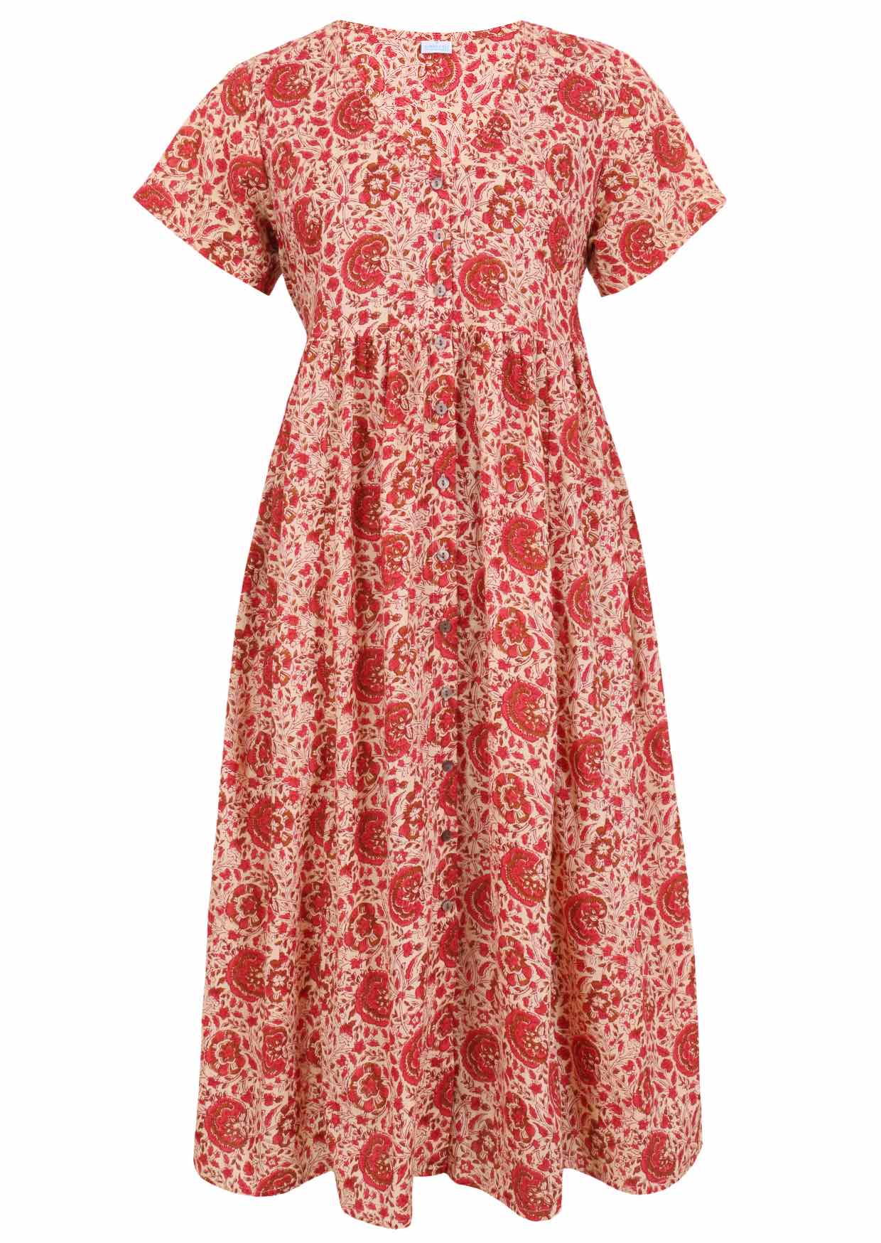 Front view of cream based warm floral print V-neck cotton dress.